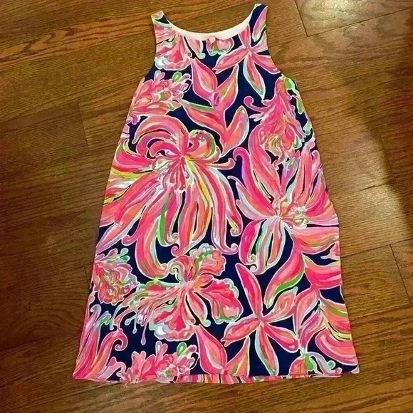 Lilly Pulitzer JACKIE SHIFT SILK DRESS Resort Navy Banana Flambe Size XS Resort - Picture 2 of 11